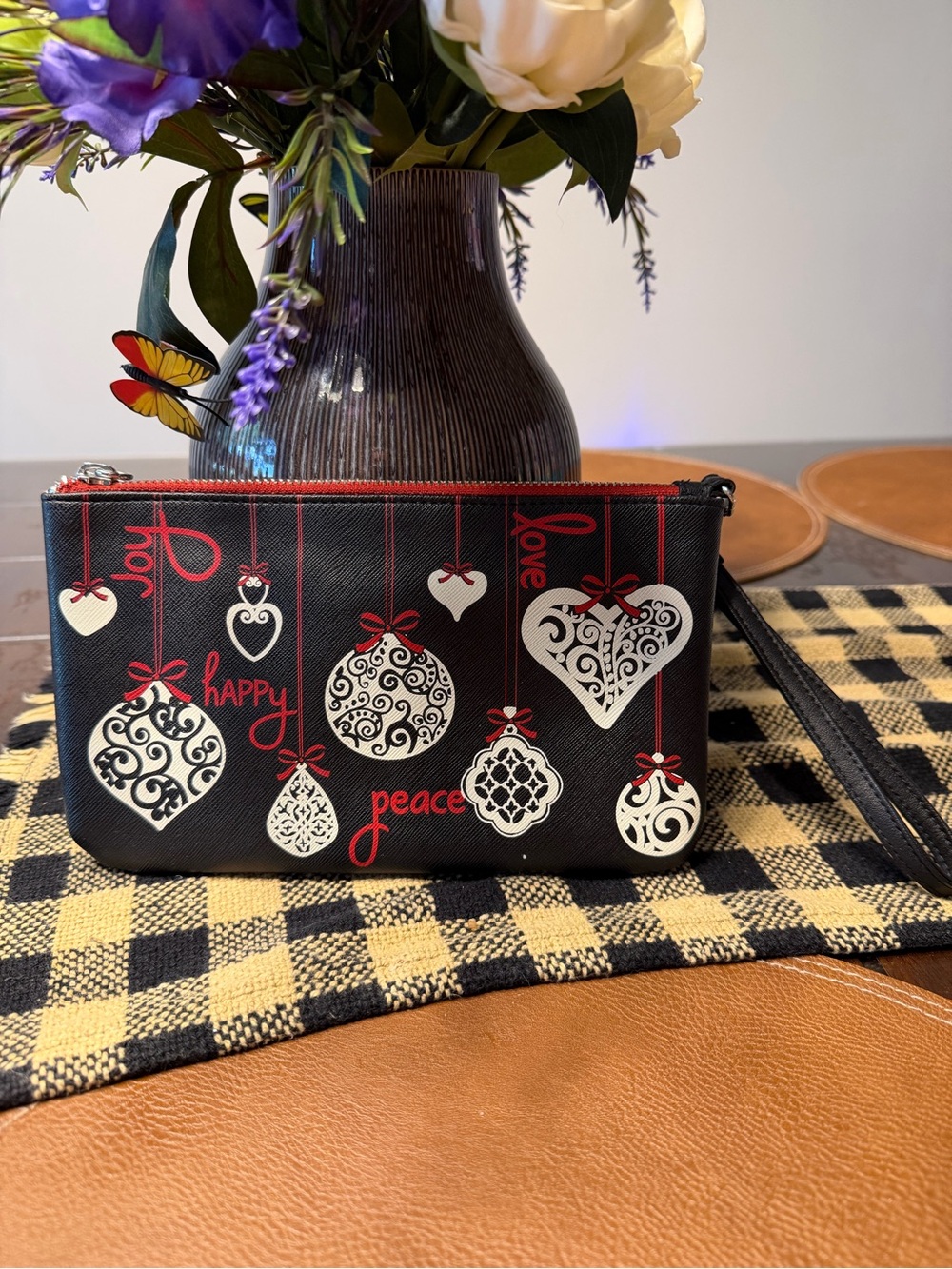 Brighton Black Holiday Heart and Ornament Wristlet - Red and White Accents